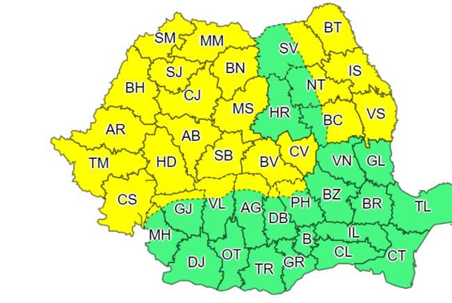 Județul Caraș Severin și jumătate din țară sub cod galben de vânt puternic și averse